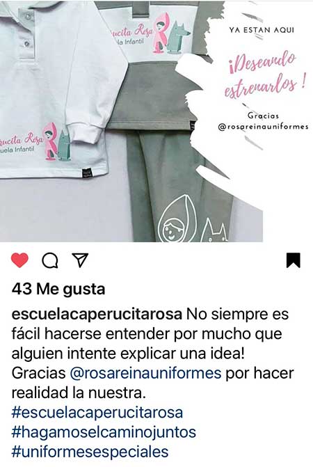 Testimonio de Instagram de uniformes Rosa Reina, escuela infantil Caperucita Rosa