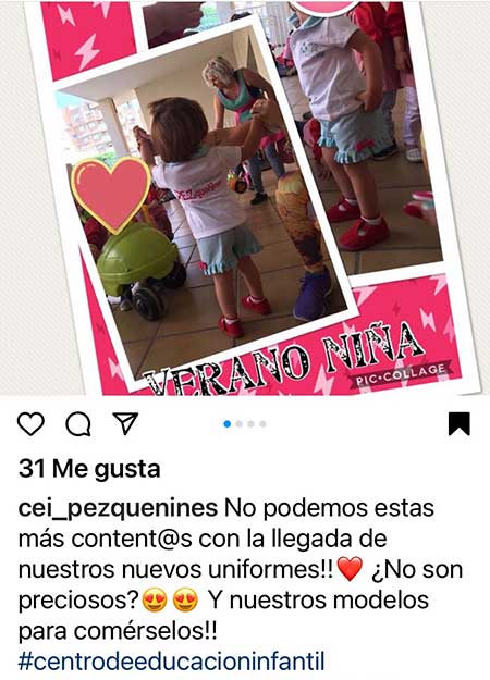 Testimonio de Instagram sobre uniformes infantiles marca Rosa Reina de la escuela infantil Pezqueñines