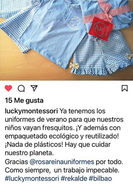 Testimonio de Instagram sobre uniformes infantiles marca Rosa Reina de la escuela infantil Lucky Montessori